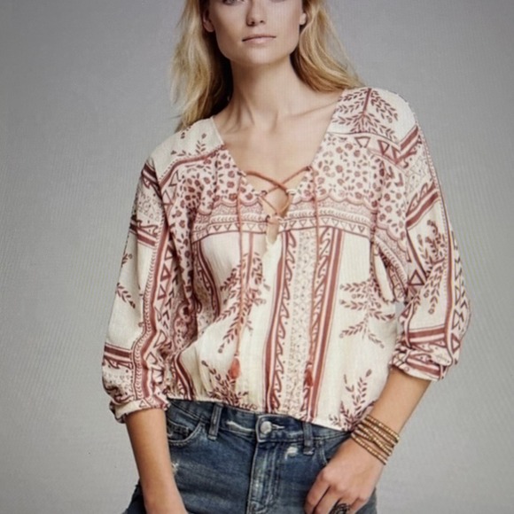 Free People Tops - Free People Boho Lace Up Tassel Blouse Top Cream Red Long Sleeves Size Small